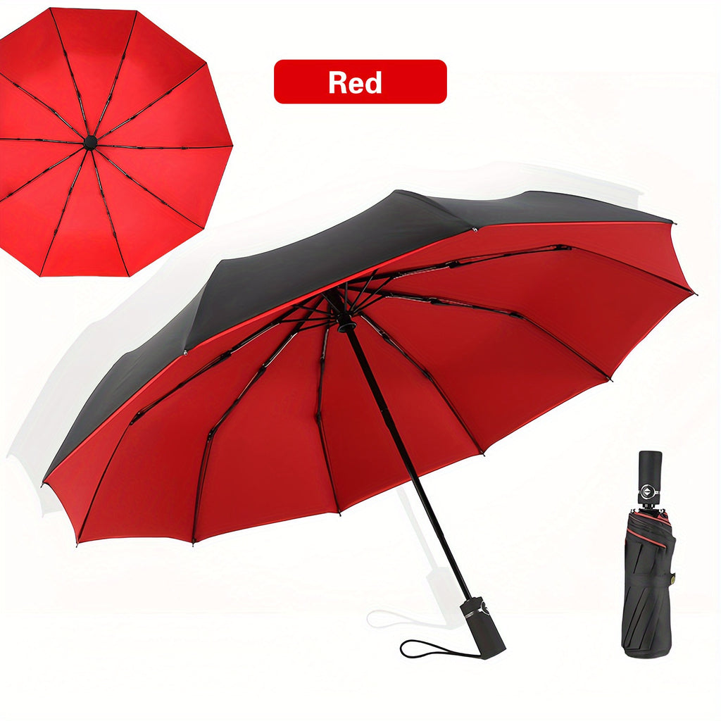 Ten-Rib Automatic Umbrella with Gear-Shift Style Wording, Folding Sunshade Design in Red, Black, Blue or Burgundy for Everyday Carry and Outdoor Outings