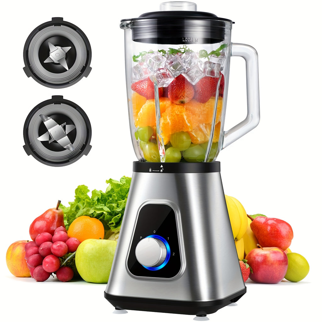 Countertop Blender with 52oz Glass Jar and 22oz Portable Cup, 3-Speed Silvery Kitchen Blender for Smoothies, Milkshakes, Sauces and Fruit Purees