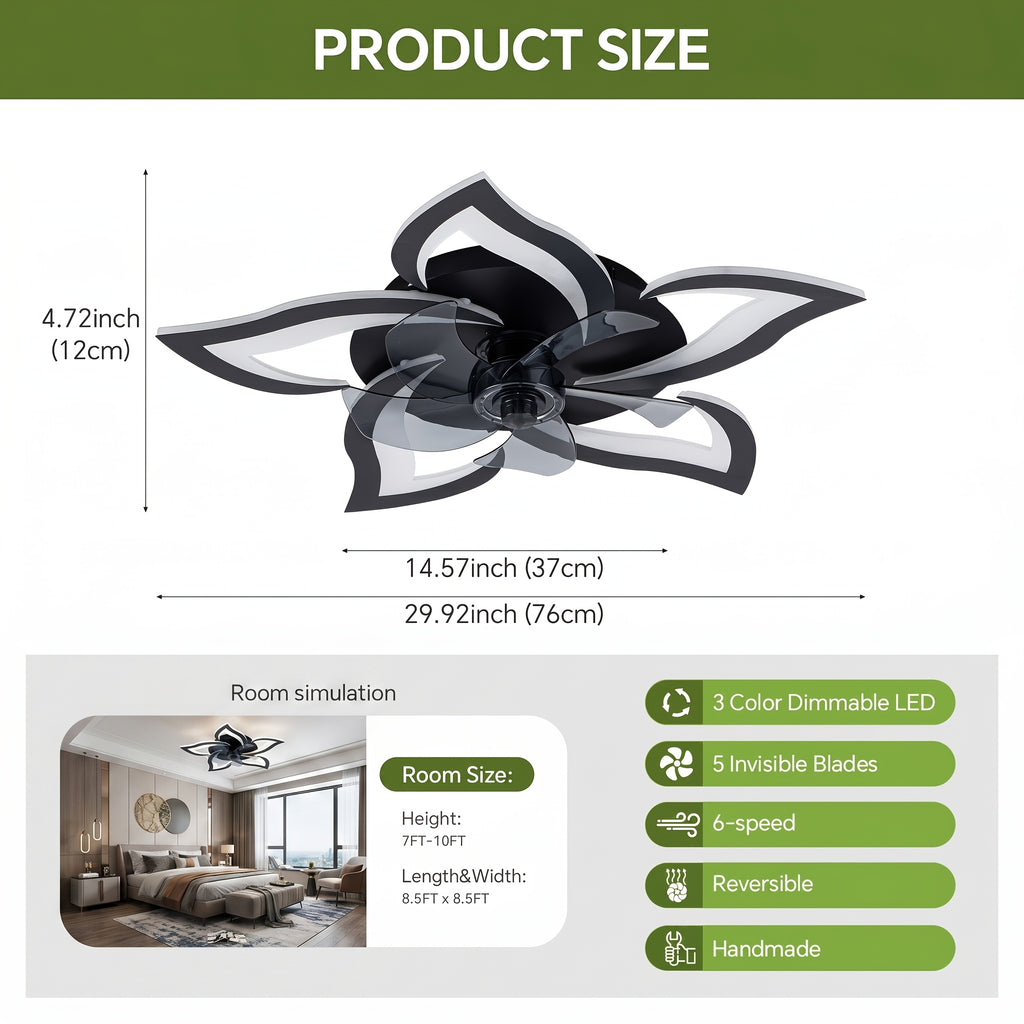Petal Shape Ceiling Fan with LED Light and Remote, Listed 30-Inch Low-Profile Flush Mount, Six Speeds and Three Light Colors, Black Round or Pointed Leaf Options
