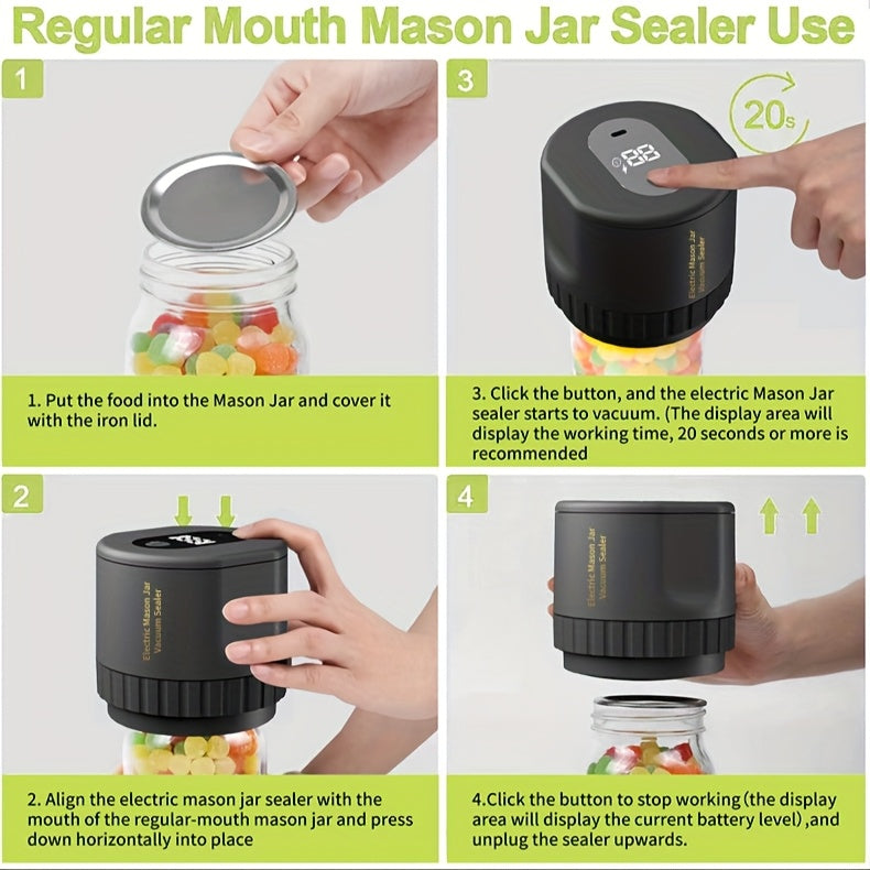 Electric Mason Jar Vacuum Sealer with One-Touch Operation, USB Rechargeable Kitchen Jar Sealing Tool with Wide and Narrow Mouth Lids, Black or White Options