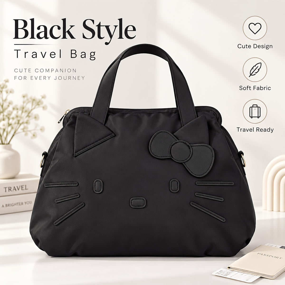 Bow Decorated Nylon Tote Bag with Hello Kitty Theme, Shoulder and Crossbody Carry for Daily Commutes, Gym Visits and Weekend Travel