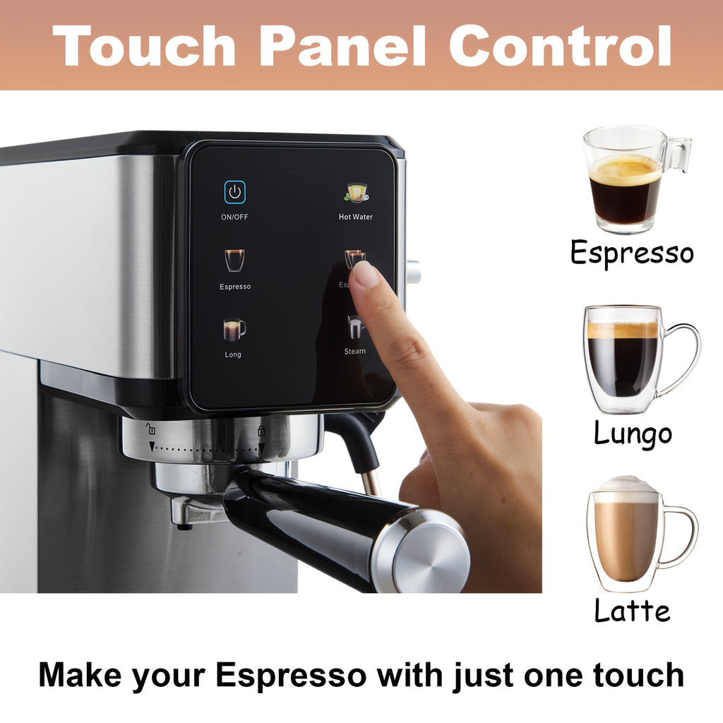 Touch Control Espresso Machine by TESSLUX, Listed 20 Bar Dual Boiler Coffee Maker with Milk Frother Wand in Silvery for Home Cappuccino and Latte Preparation