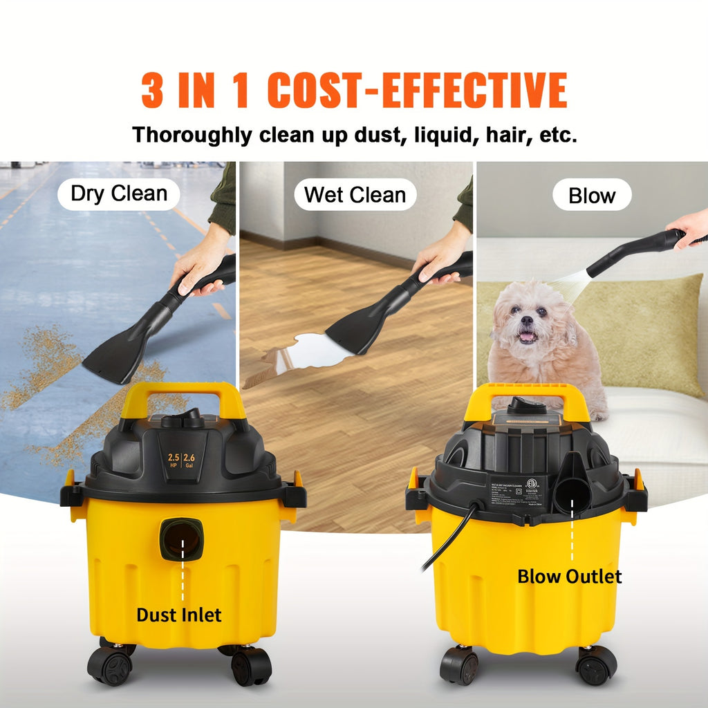 VEVOR 3-in-1 Portable Shop Vacuum 2.6 Gallon, 2.5 Peak HP Wet Dry Vac with Blowing Function and Attachments Storage, Lightweight Compact Vacuum Cleaner for Garage, Car Detailing, Workshop, Carpet, Upholstery and Home Cleanup, Black and Yellow