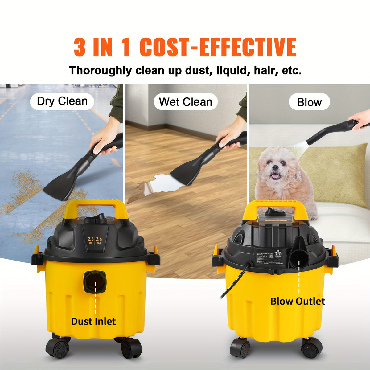 VEVOR 3-in-1 Portable Shop Vacuum 2.6 Gallon, 2.5 Peak HP Wet Dry Vac with Blowing Function and Attachments Storage, Lightweight Compact Vacuum Cleaner for Garage, Car Detailing, Workshop, Carpet, Upholstery and Home Cleanup, Black and Yellow