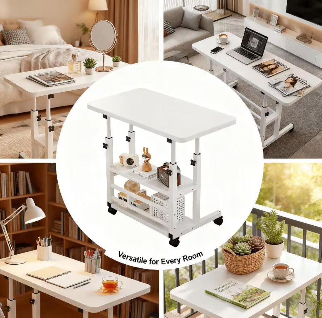 Height Adjustable Craft Table with Double Storage Shelves and Four 360-Degree Wheels, Rolling Sewing and Knitting Organizer for Bedrooms and Living Rooms