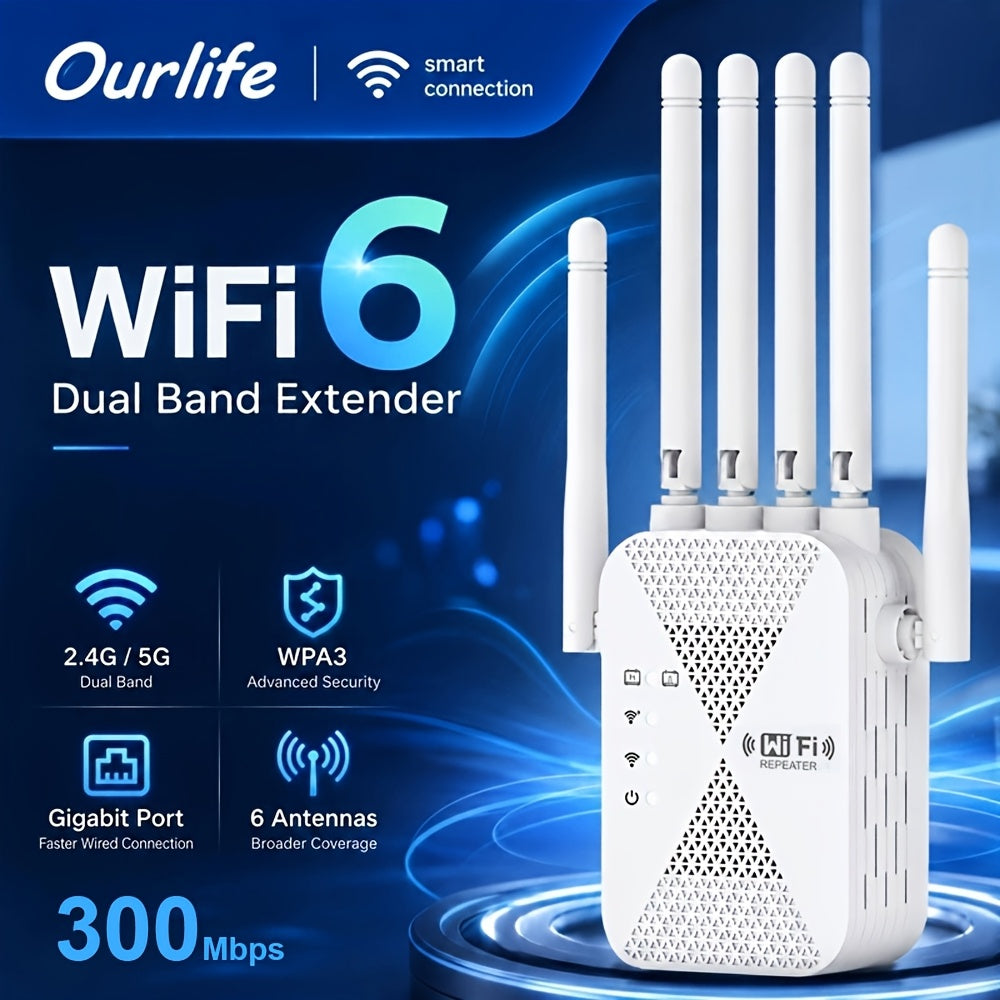 WiFi 6 Range Extender with 6 Antennas, Compact Wireless Signal Booster and Repeater for Home Office and Coffee Shop Network Coverage