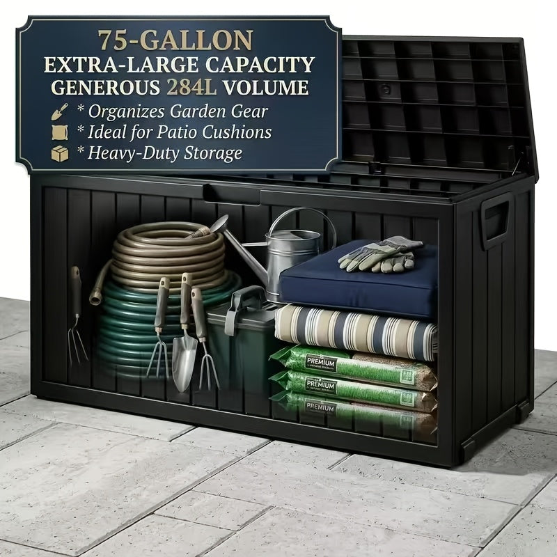 Flip-Top Patio Storage Box, Plastic Deck Organizer with Lockable Lid and Handle/Wheel References, Black 75 or Black 35 Model Options for Outdoor Essentials