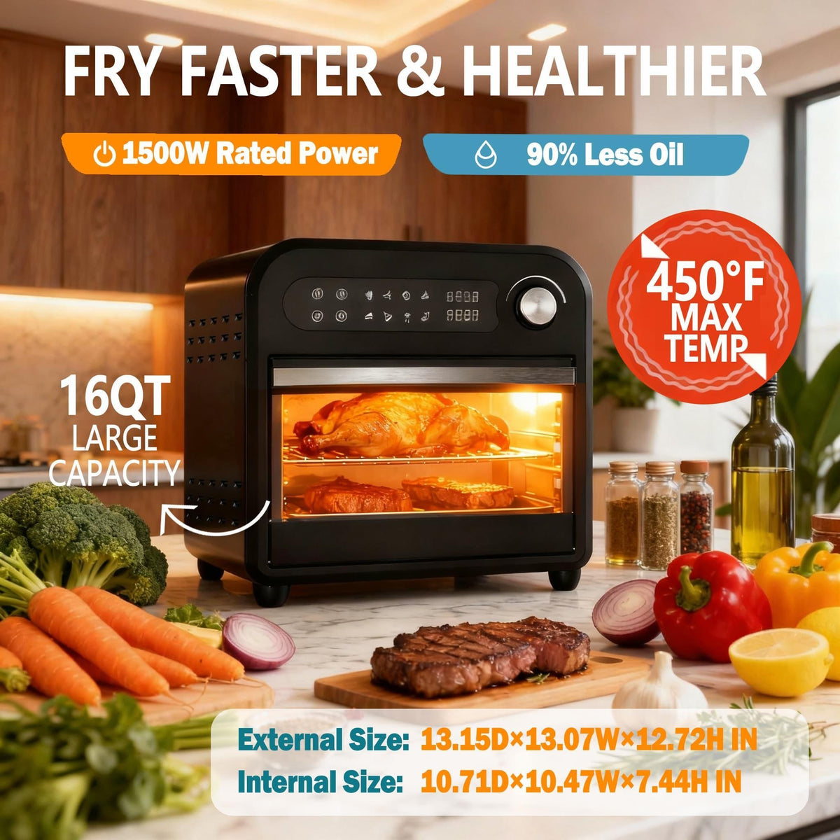 Air Fryer Toaster Oven Combo, Extra Large Capacity Convection Oven with 360° Hot Air Circulation, LED Digital Display and Precise Temperature Control, Stainless Steel, 16QT