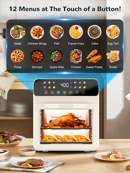 Air Fryer Oven with Listed 12-Quart Capacity, 12 One-Touch Presets, Viewing Window, Interior Light and Two Baking Pans in White or Black for Home Cooking