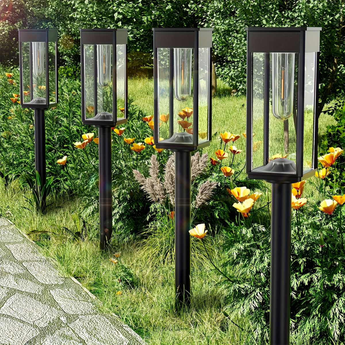 Solar Garden Lamps with Listed Warm White Light, Four-Piece Box, Six-Piece Box or Six-Set Option Labels for Courtyard, Terrace and Walkway Landscape Decoration