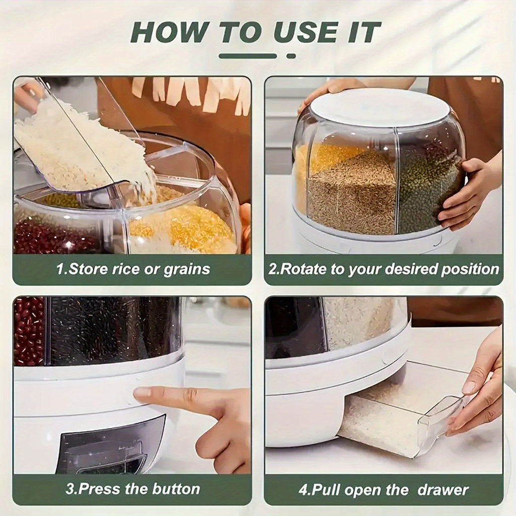 Rotating Rice Dispenser with Push-Button Release, Listed 22-Pound Capacity and 360-Degree Swivel Design for Kitchen Rice and Dry Grain Storage