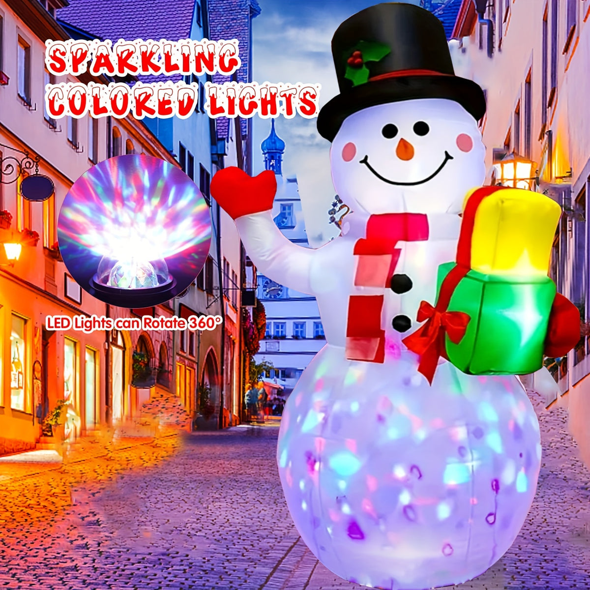 Rotating LED Inflatable Snowman, 5ft Christmas Blow-Up Decoration with Colorful 360-Degree Lighting for Indoor Displays, Outdoor Yards and Gardens