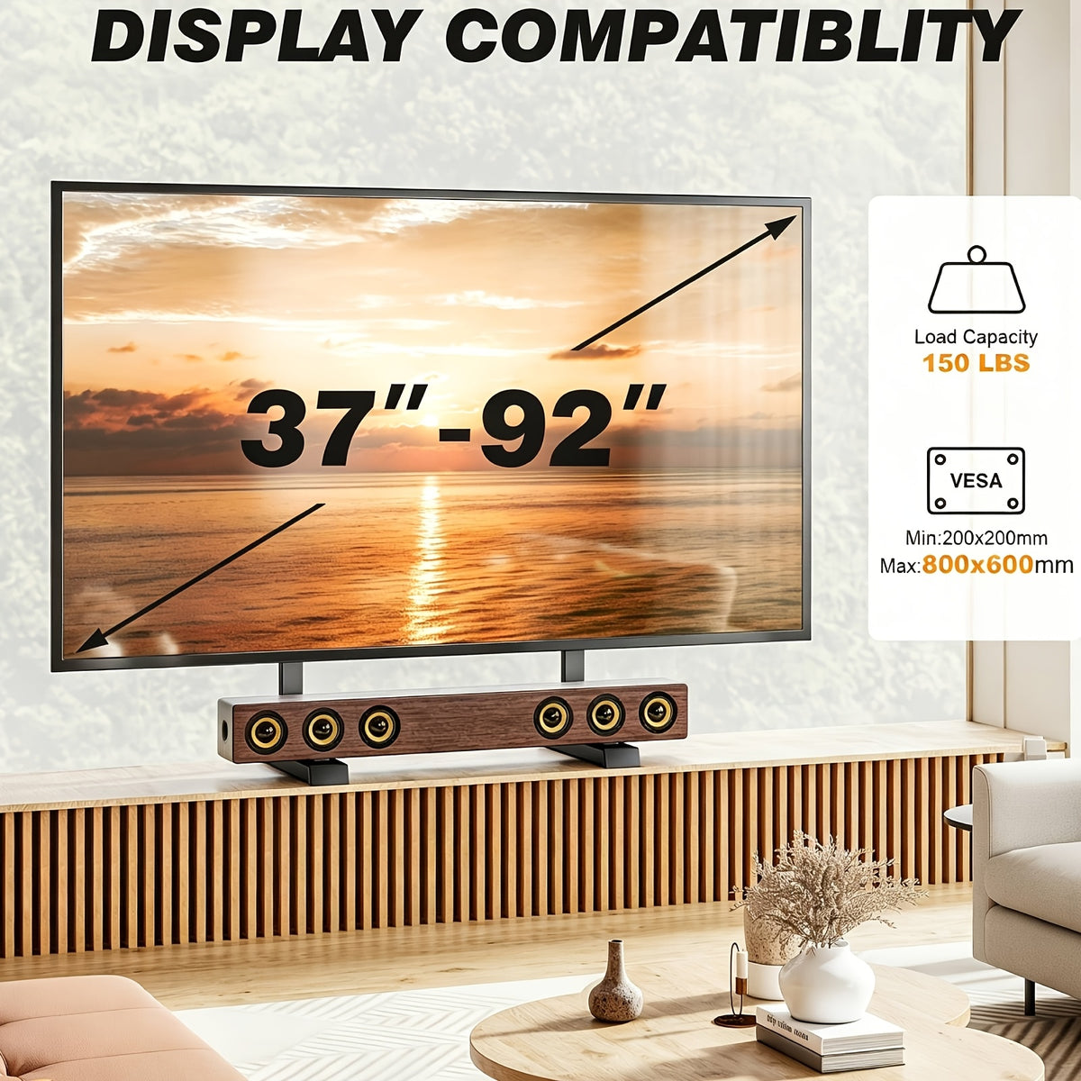 TV Stand Bracket with Adjustable Steel T-Bar Legs and Six Height Settings, Black Tabletop Support with Cable Management for Compatible 37–92 Inch Televisions