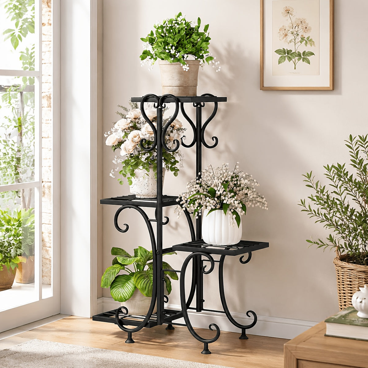 Metal Plant Stand with Listed Four-Tier Flower Pot Display, Decorative Curves and Adjustable Foot Pads in 940 Black or 941 Black Options for Home and Balcony Decor