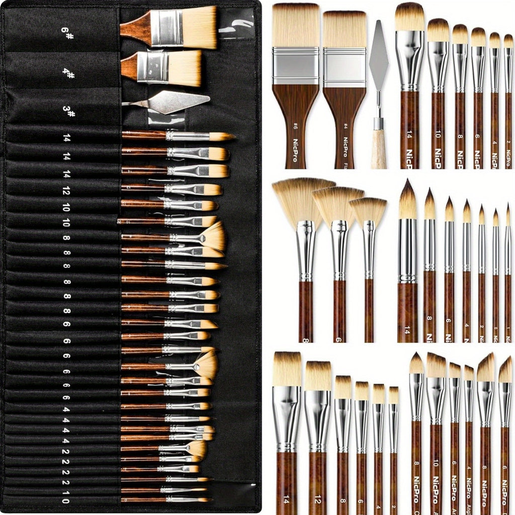 Nine-Shape Synthetic Paint Brush Set with Listed Palette Knife and Canvas Roll, Wooden, Black or Pastel Options for Acrylic, Oil, Watercolor and Gouache Art