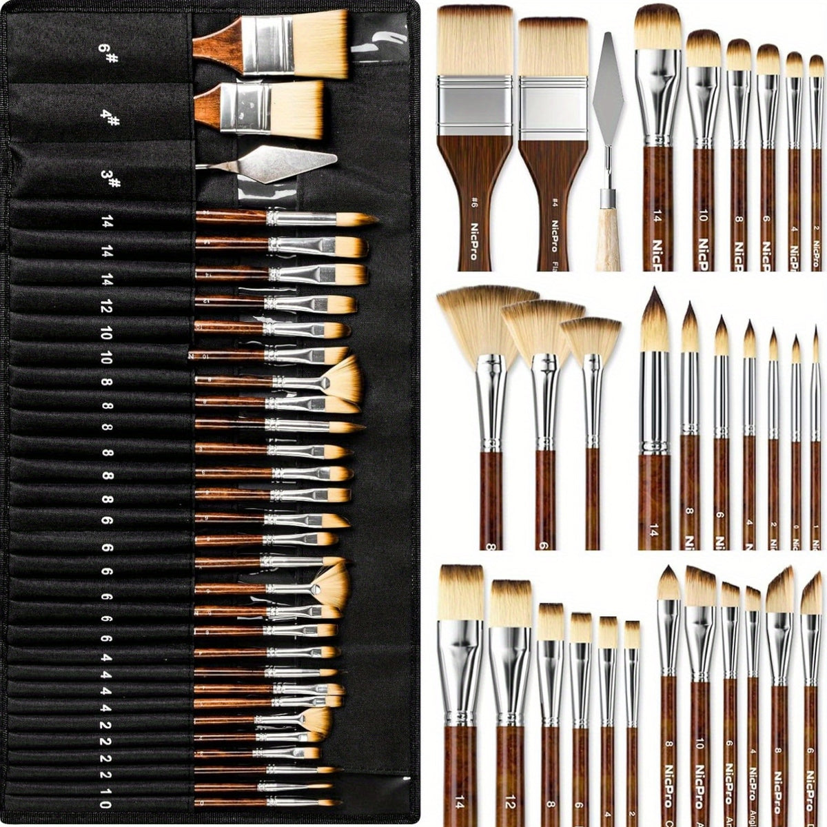 Nine-Shape Synthetic Paint Brush Set with Listed Palette Knife and Canvas Roll, Wooden, Black or Pastel Options for Acrylic, Oil, Watercolor and Gouache Art