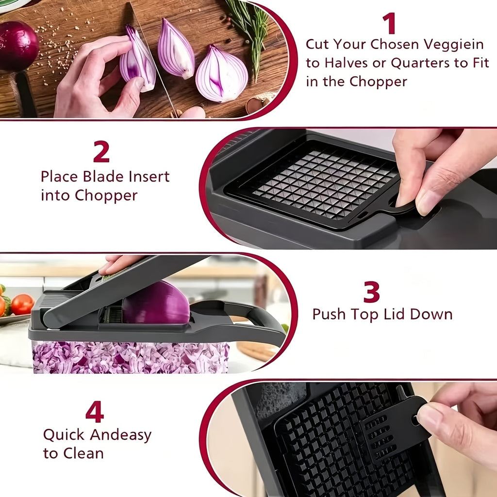 Multi-Blade Vegetable Chopper with Container, Replaceable Blade Fruit Slicer and Food Grater for Onion, Potato and Everyday Kitchen Meal Preparation