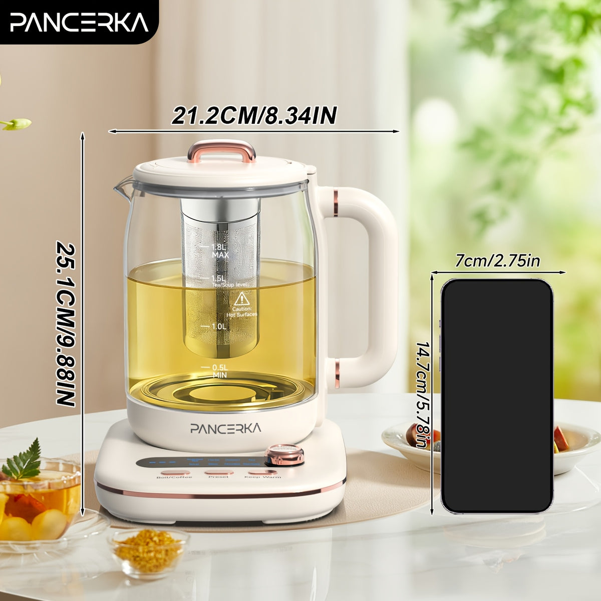 Electric Glass Tea Maker by PANCERKA, 1.8L Multifunction Kettle with Infuser and Detachable Filter in Beige for Home Tea Brewing & Kitchen Use