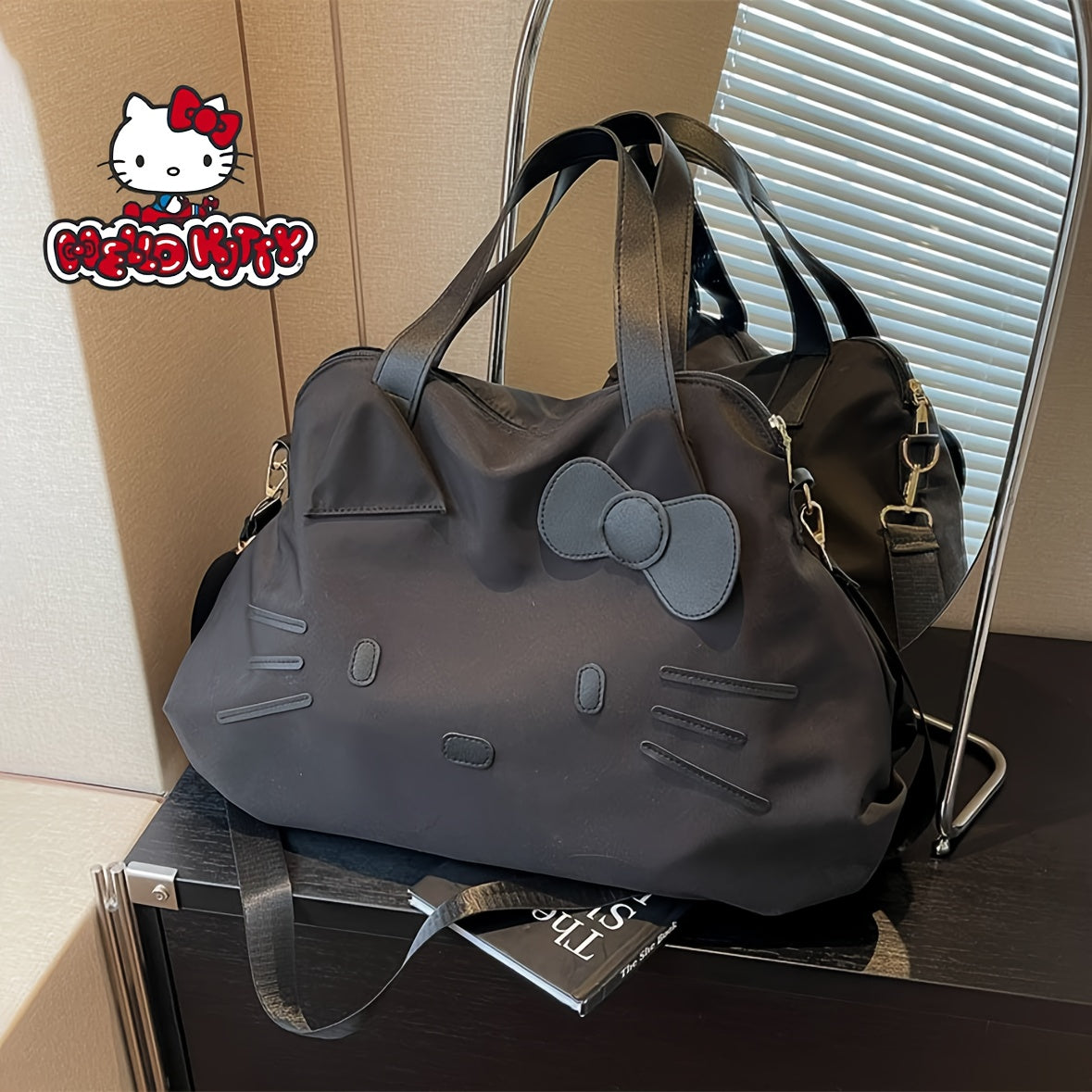 Bow Decorated Nylon Tote Bag with Hello Kitty Theme, Shoulder and Crossbody Carry for Daily Commutes, Gym Visits and Weekend Travel