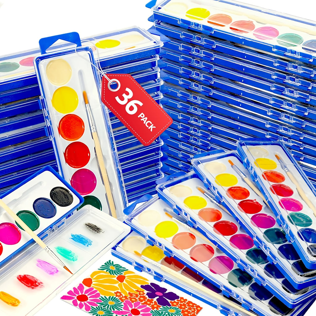 Bulk Watercolor Paint Set with Eight Listed Colors and Paintbrushes, 24pcs, 36pcs or 48pcs Options for Group Art Lessons, Painting Parties and Creative Favors