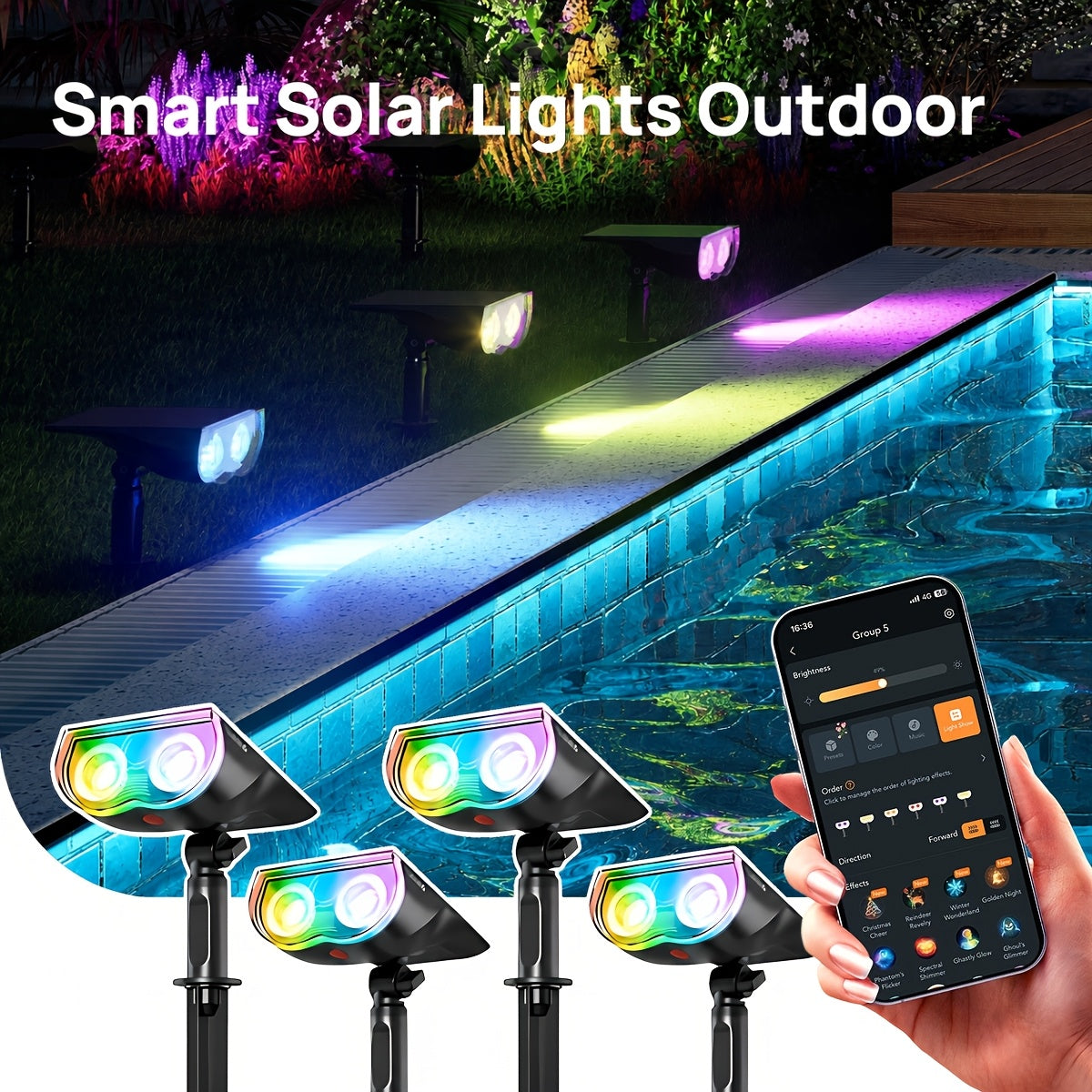 Smart Solar RGB Spotlights with Listed AiDot App Control, Adjustable White Light, Music Sync and Scheduling, Multicolor Two-, Four- or Six-Piece Package Labels