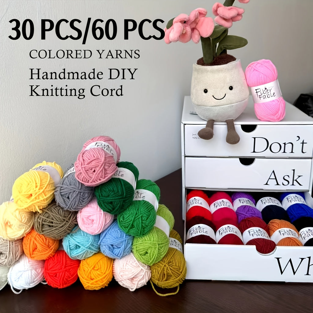 Crochet Yarn Bundle with Listed 25g Rolls and Four-Strand Construction, 30- or 60-Piece Options for DIY Scarves, Hats, Bags, Dolls and Coaster Crafts