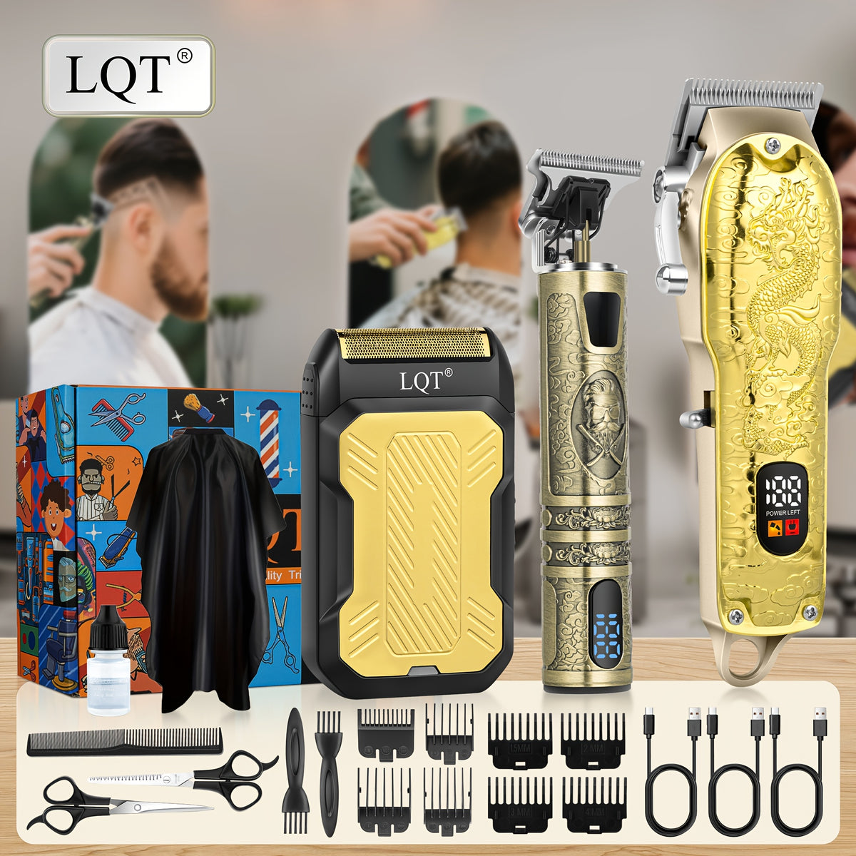LQT Hair Clipper Set for Men with USB Rechargeable Design, Retro Styling and Golden Dragon Package Options for Home Haircuts, Detailing and Grooming Gifts