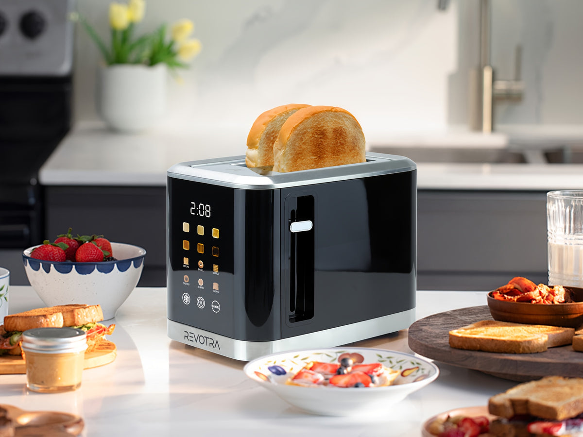 LED Display Breakfast Toaster in Black with Stainless Steel Construction, Wide Slots, Six Toasting Levels, Defrost, Heat and Cancel Functions and Crumb Tray