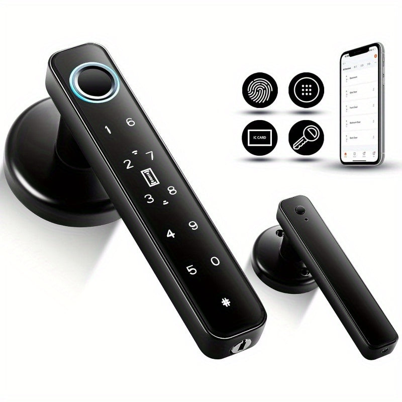 5-in-1 Fingerprint Door Knob Lock with Keypad and Smart Life Access, Two IC Cards and Two Keys, Single-Row or Double-Row Options for Compatible Interior Doors