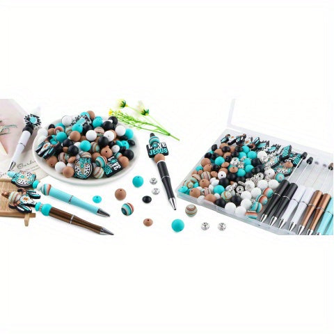Turquoise Silicone Beads for Pens and Keychains, 146-Piece Mixed Craft Assortment with Listed 10mm Round and 12mm/15mm Beads for DIY Jewelry and Decorations
