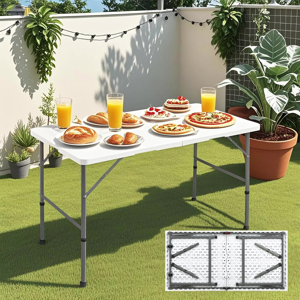 Portable Folding Utility Table with Plastic Top, Carrying Handle and Locking Design, Multiple Model Options for Camping, Picnics and Indoor Outdoor Parties