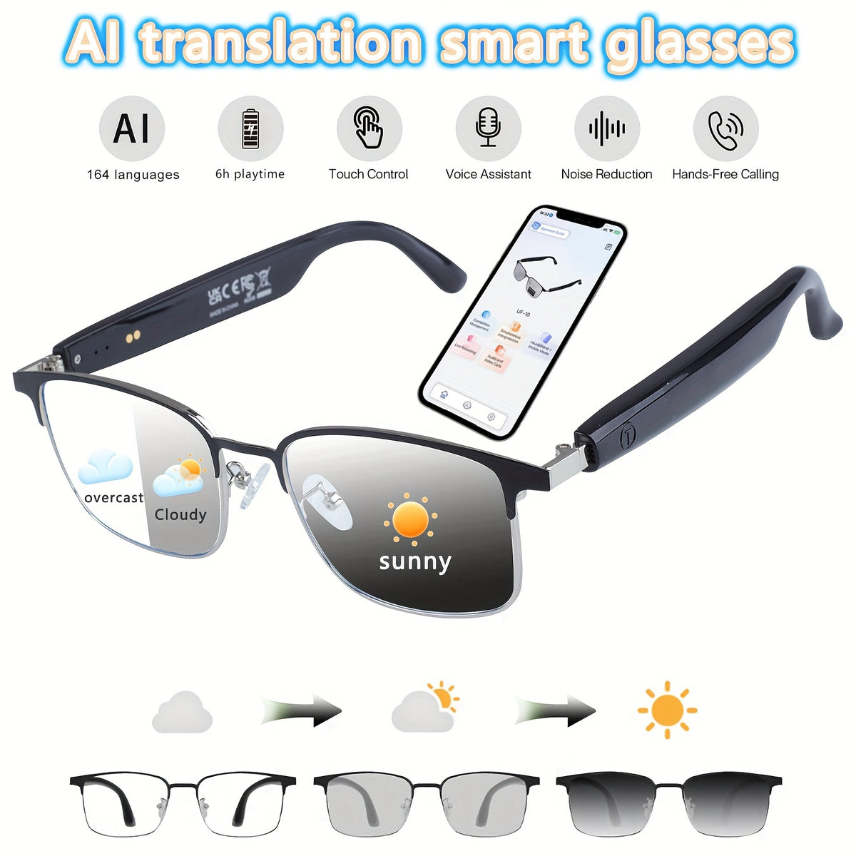 160 Language Translation Smart Glasses, AI Audio Glasses with ChatGPT, HD Calls & HiFi Music, Built-in Mic & Speaker, Photochromic Lenses, Real-Time Translator Eyewear for Travel, Meetings, Men & Women