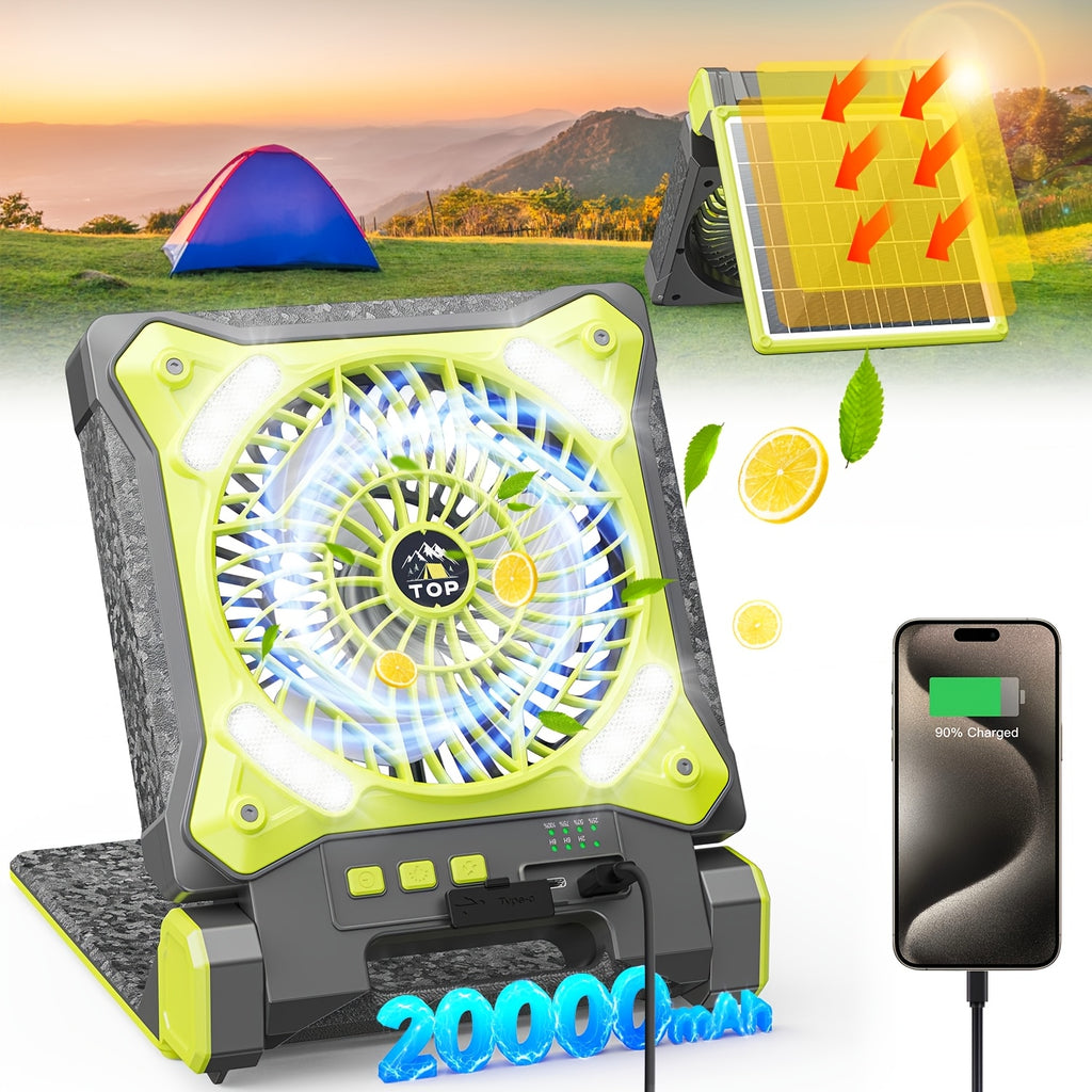 Solar Charging Camping Fan with Listed USB Battery Power and Hanging Hook, X98 Green or Black and X23 Pink, Green or Black Model Options for Picnic and Campsite Airflow
