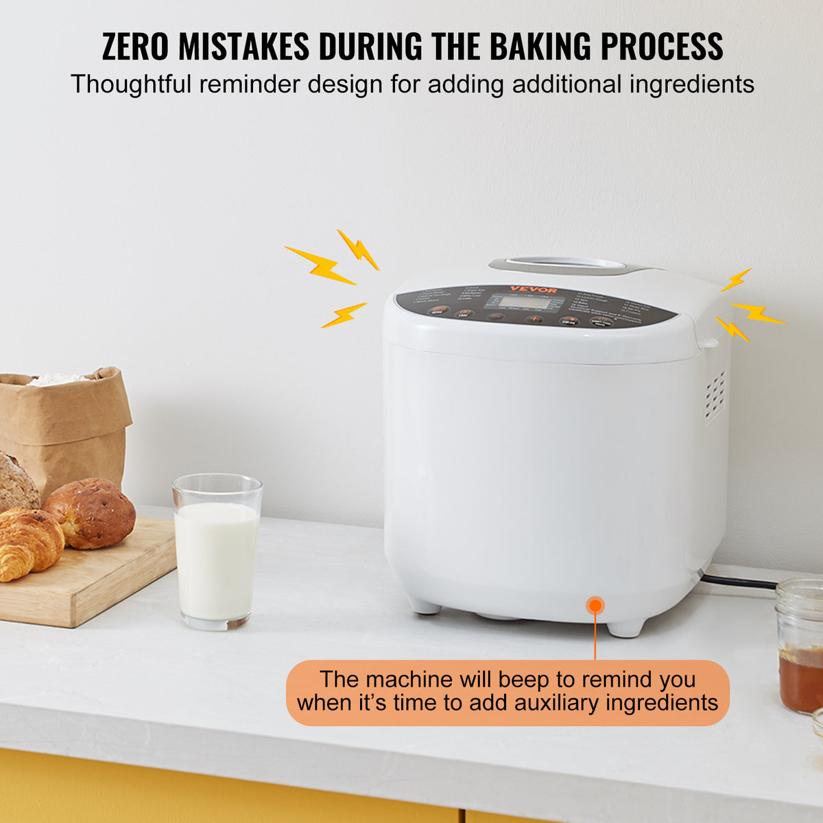 19-Program Bread Maker by VEVOR, White Automatic Bread Machine with 1, 1.5 and 2lb Loaf Sizes, Three Crust Settings, Ceramic Pan and 15-Hour Delay Start