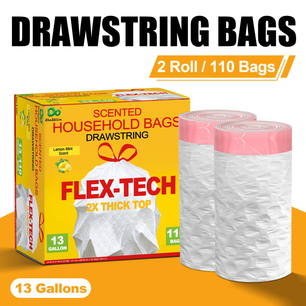 Lemon Scented Drawstring Trash Bags 13 Gallon, White Disposable Kitchen Bin Liners with Boxed Packaging Reference and 20, 55, 110 or 165 Quantity Labels