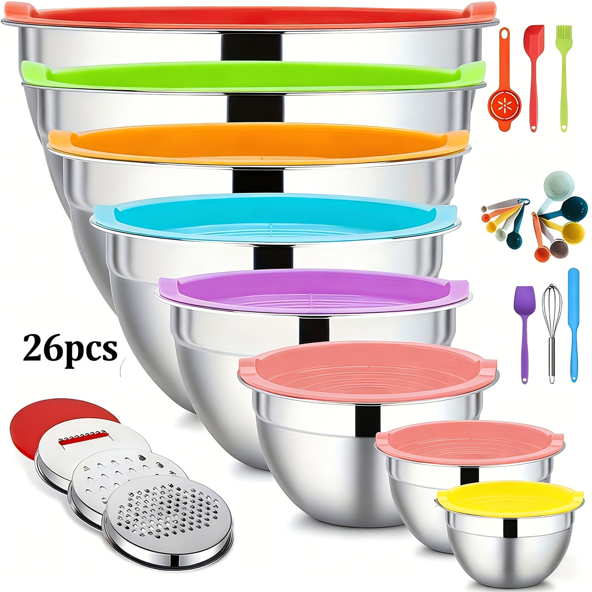 Stainless Steel Mixing Bowl Set with Lids, Listed 26-Piece Kitchen Collection with 7 Bowls and Grating or Slicing Tools for Baking, Salad Prep and Everyday Mixing
