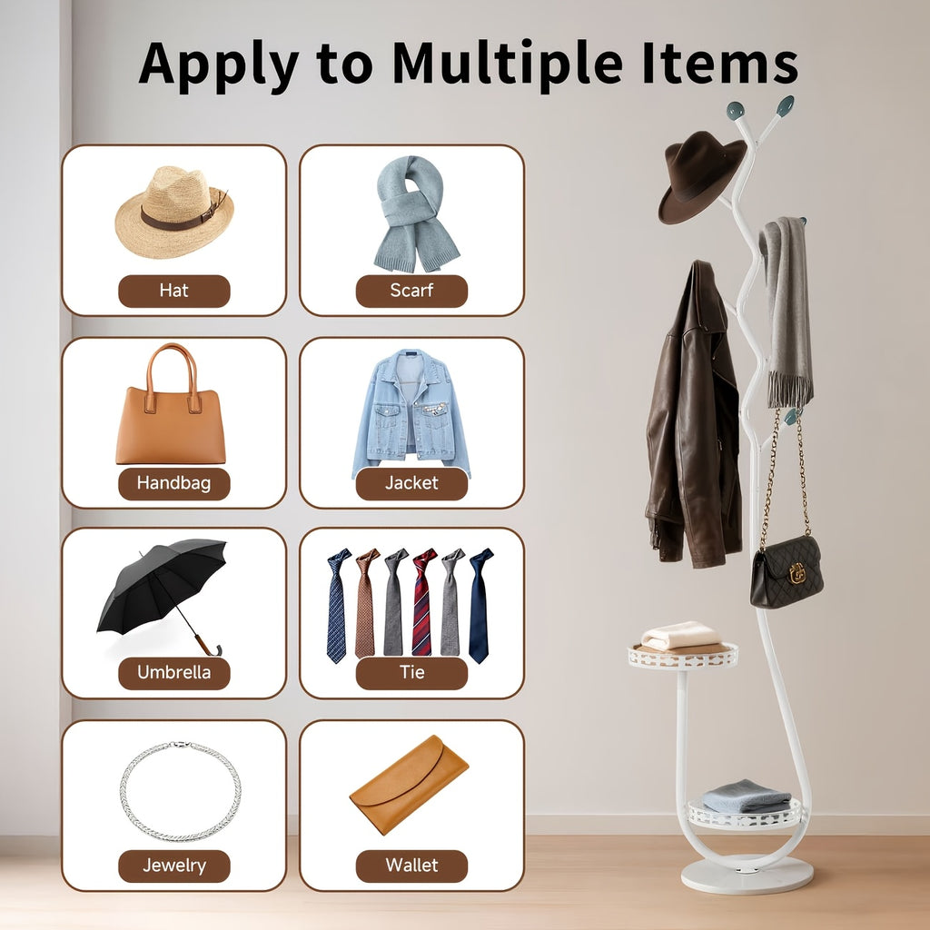 Clothes Rack with Shelf, Freestanding Metal Vertical Organizer in White or Black for Coats, Hats and Scarves, Single Rack for Everyday Home Clothing Storage