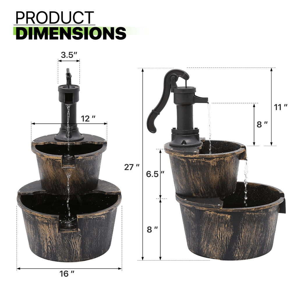 Outdoor Barrel Water Fountain, 27-Inch Two-Tier Rustic Waterfall with Listed 11L Capacity and IPX4 Rating in Dark Green or Bronze for Patio and Garden Decor