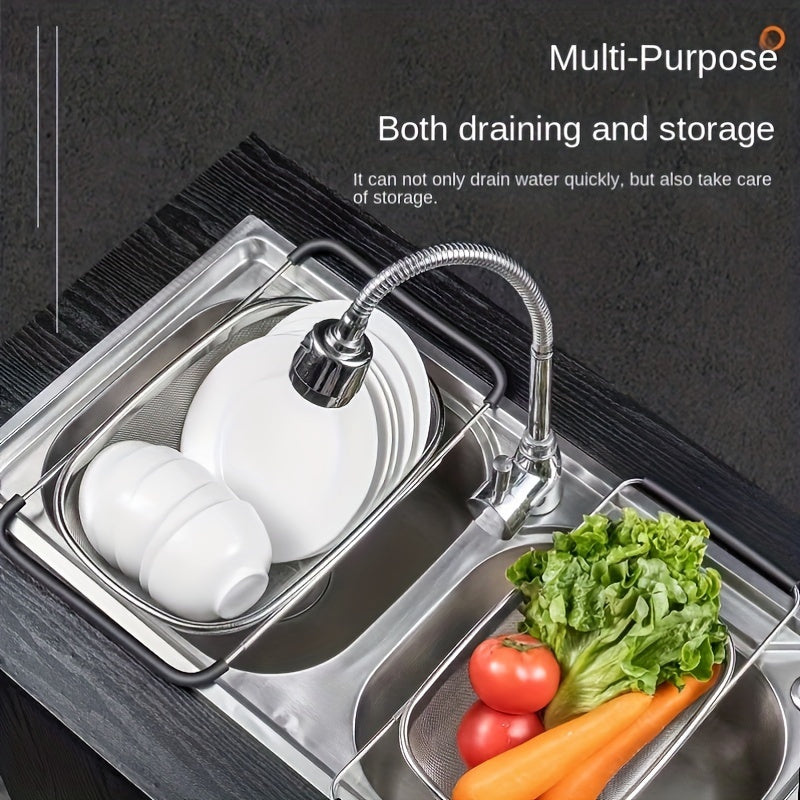 Adjustable Sink Colander Basket, One-Piece Kitchen Drain Rack with Stainless Steel Reference for Rinsing Vegetables and Draining Fruit in Compatible Sinks