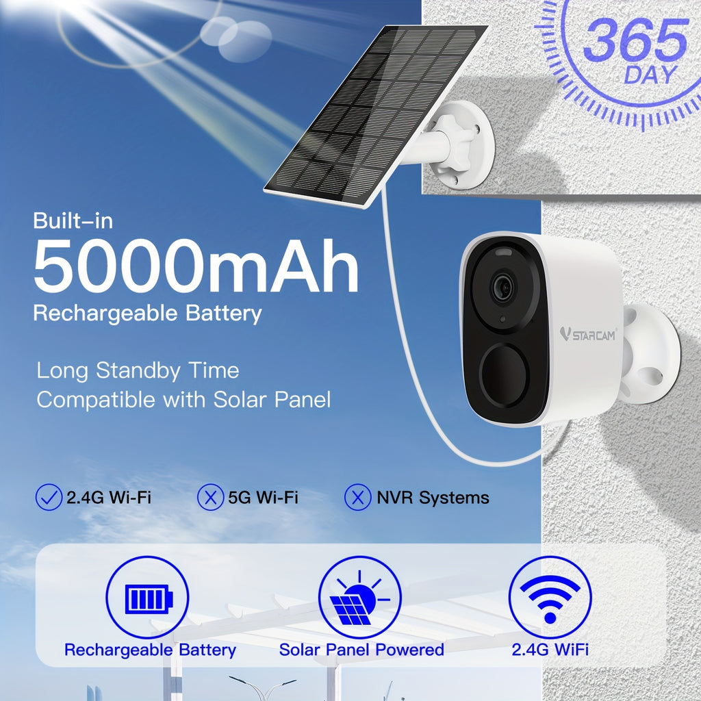 CB54TZ Solar Security Camera with 3MP 1296P Video, 2.4GHz WiFi, 5000mAh Battery, Color Night Vision, PIR Alerts, Siren and Two-Way Audio in Black or White
