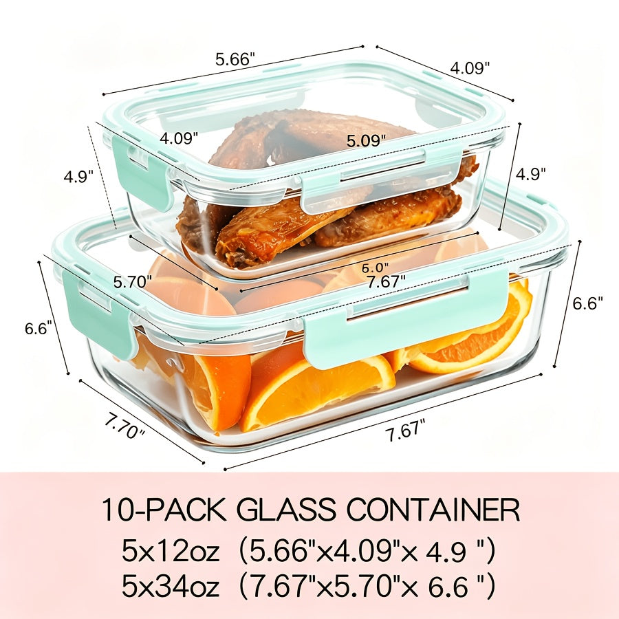 Glass Food Storage Container Set with 8 or 10 Containers and Matching Lids, Blue, Pink or Green Options for Lunch Portions and Refrigerator Organization