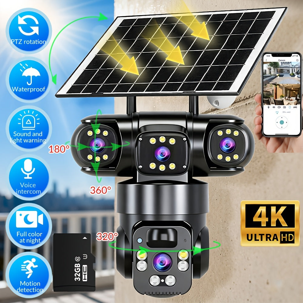 Solar WiFi Security Camera with Three-Lens Design, Listed 4K Pan-Tilt View, PIR Human Alerts and Two-Way Audio in Standard or Plus 32GB Package Labels