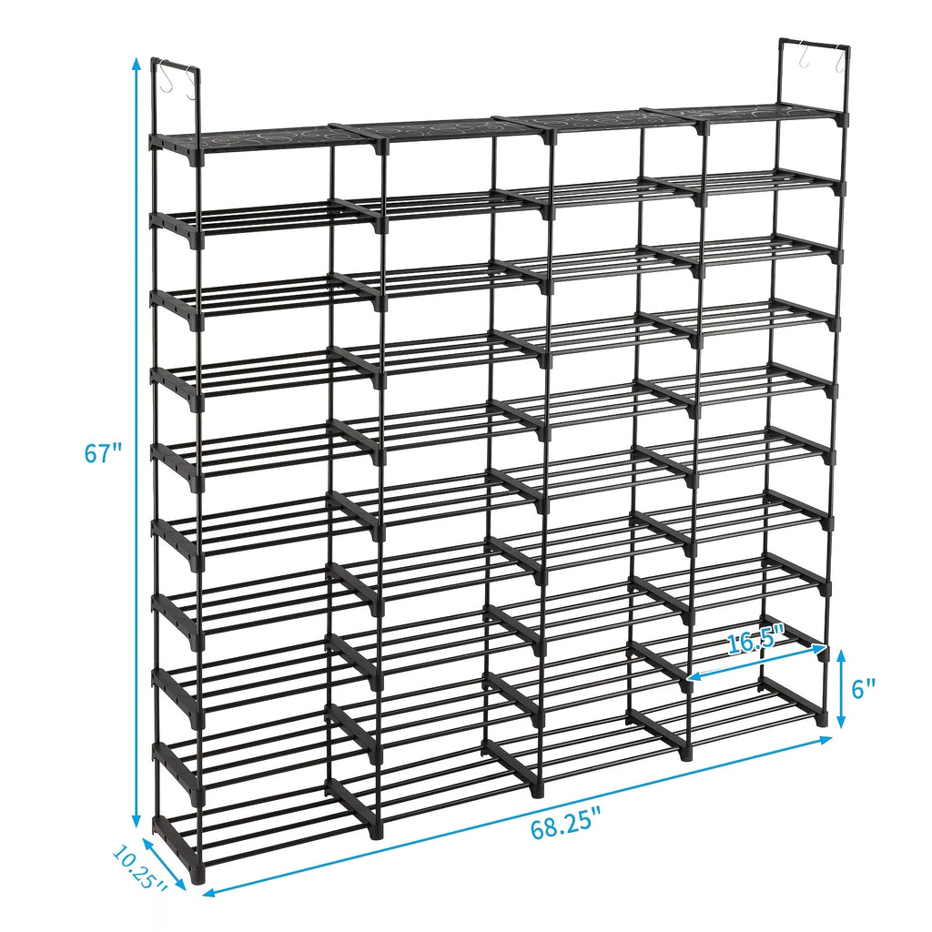 Modular Shoe Rack Organizer with Listed Metal Tubes and Tool-Free Assembly, Nine or Ten Shelf Configuration Labels for Entryway, Closet and Dorm Footwear Storage