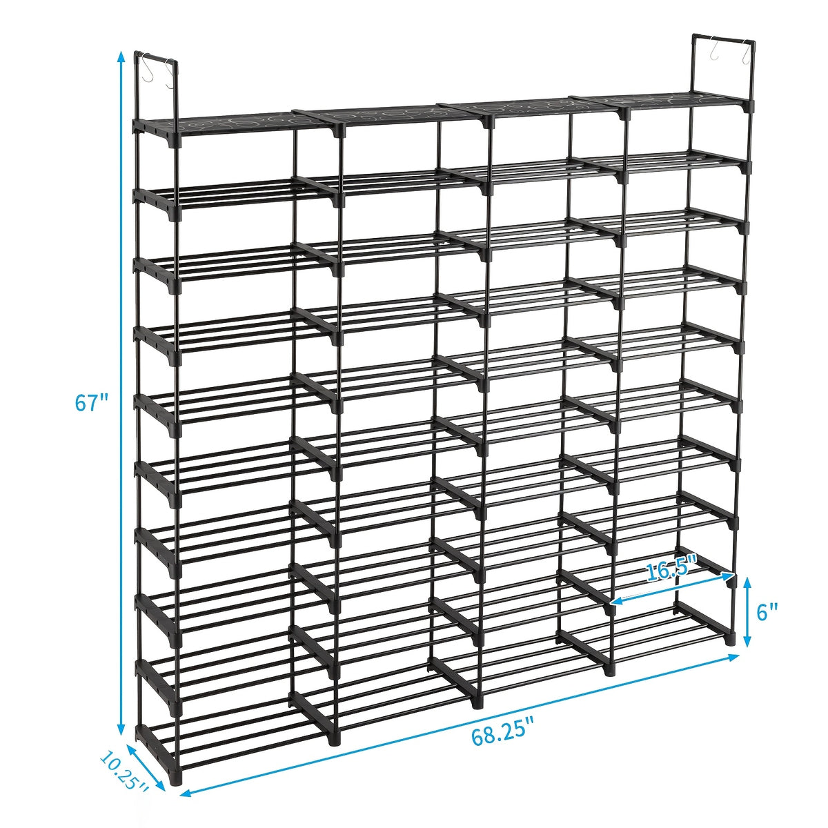 Modular Shoe Rack Organizer with Listed Metal Tubes and Tool-Free Assembly, Nine or Ten Shelf Configuration Labels for Entryway, Closet and Dorm Footwear Storage