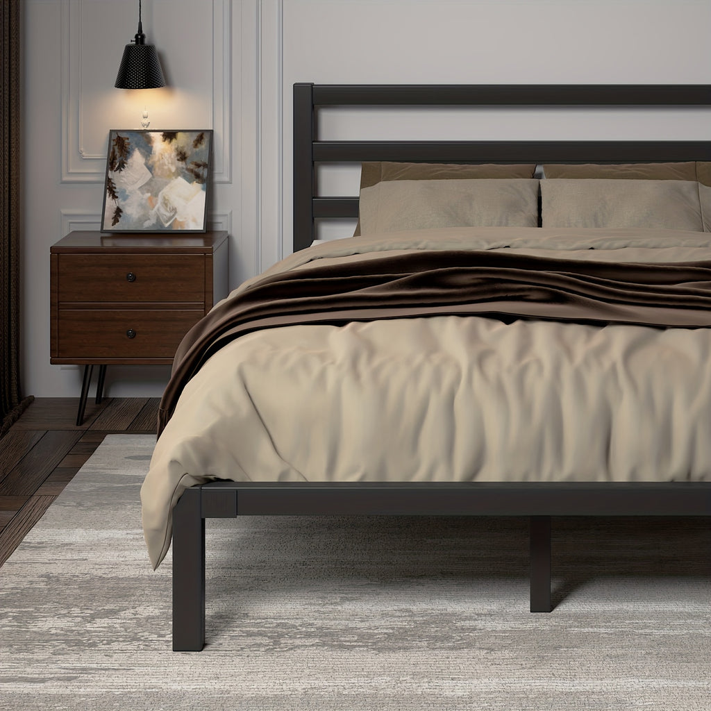 Metal Slat Platform Bed Frame with Slatted Headboard and Under-Bed Storage Space, No Box Spring Needed, Black or White in Twin, Full, Queen and King