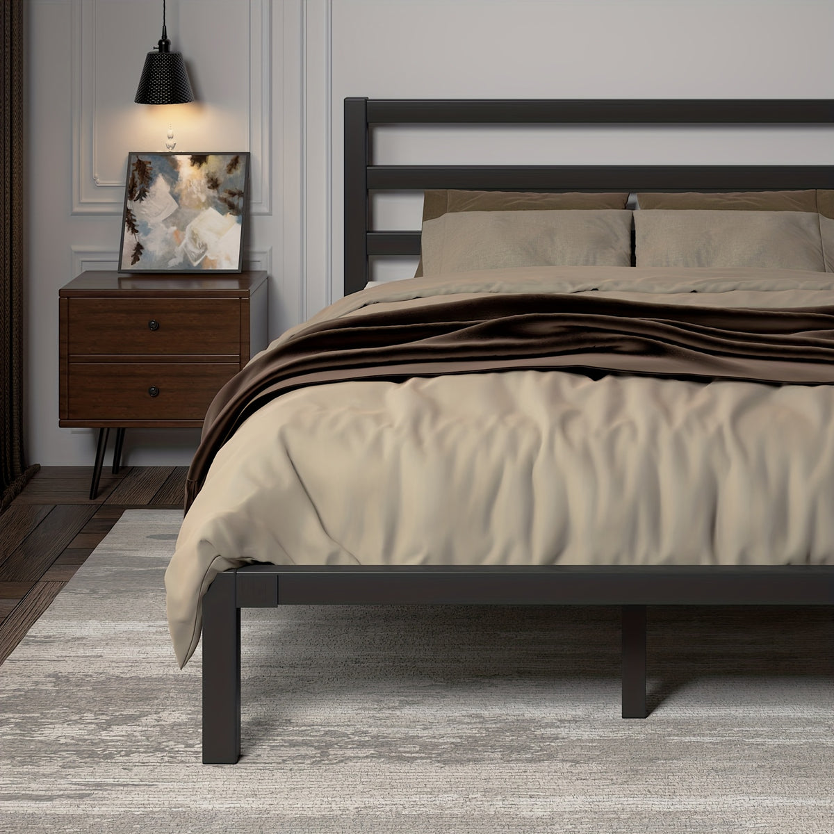 Metal Slat Platform Bed Frame with Slatted Headboard and Under-Bed Storage Space, No Box Spring Needed, Black or White in Twin, Full, Queen and King