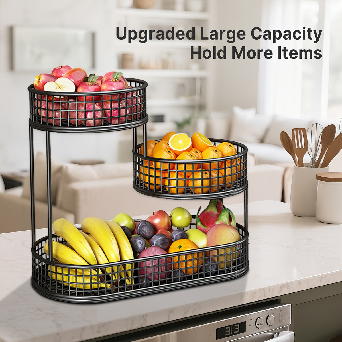 3-Tier Metal Fruit Basket for Kitchen Organization, Large Capacity Produce, Bread and Snack Storage with Black and 3 tier-Golden Option Labels