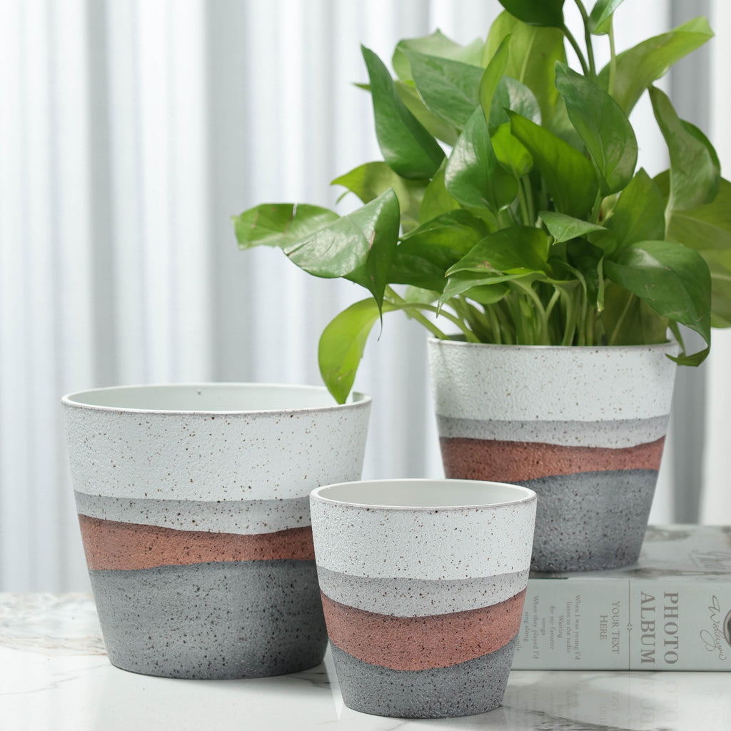 Modern Round Planter Set, Three PolyStone Plant Pots with Listed Polymer Finish in Mixed 4/5/6 Inch or 6.5 Inch Style Options for Indoor and Outdoor Home Decor