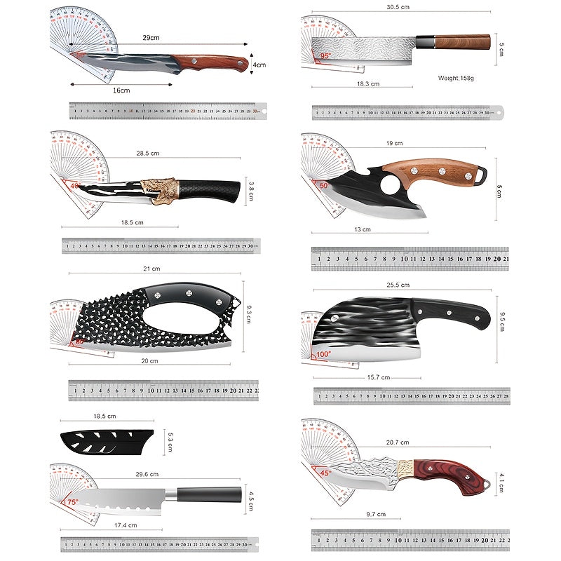 Assorted Cooking Knife Selection with Listed Protective Sheaths, Model A-H Options for Home Kitchen Food Preparation, BBQ and Outdoor Meal Prep