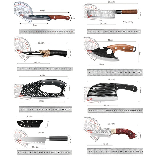 Assorted Cooking Knife Selection with Listed Protective Sheaths, Model A-H Options for Home Kitchen Food Preparation, BBQ and Outdoor Meal Prep